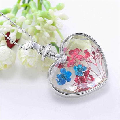 Blue Pressed Peach Blossom & Silvertone Heart Pendant Necklace