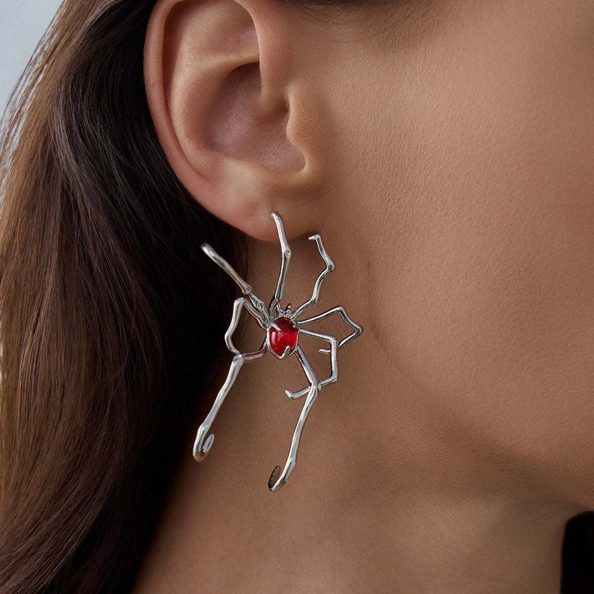 Red Resin & Silvertone Spider Ear Cuff