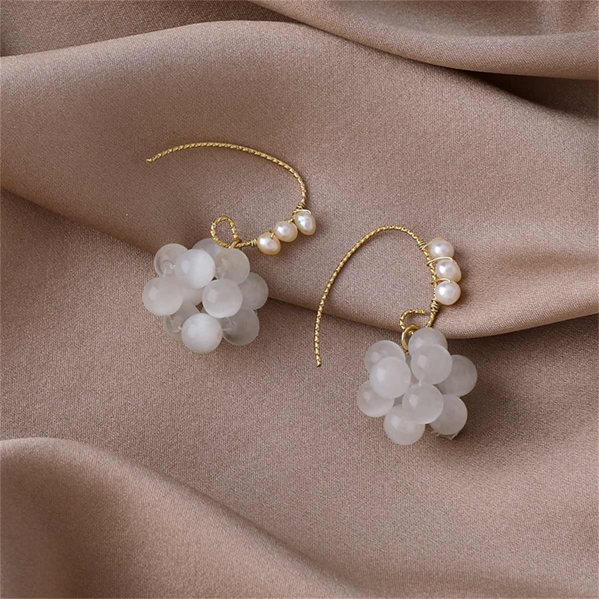 White Cat's Eye & Pearl Goldtone Grape-Group Drop Earrings