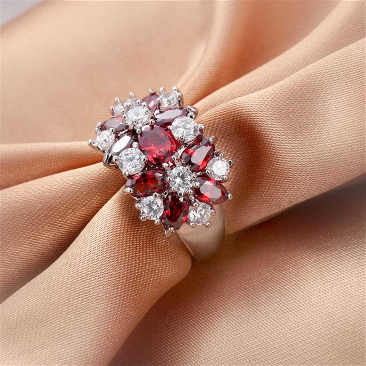 Red Cubic Zirconia & Crystal Floral Ring