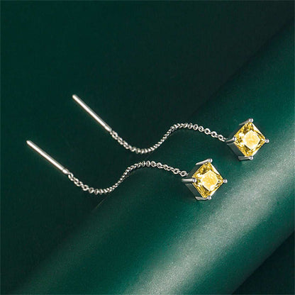 Yellow Crystal & Silvertone Cube Threader Earrings