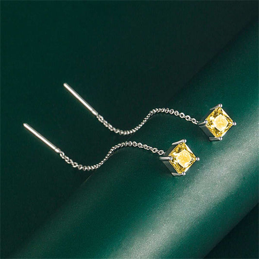 Yellow Crystal & Silvertone Cube Threader Earrings