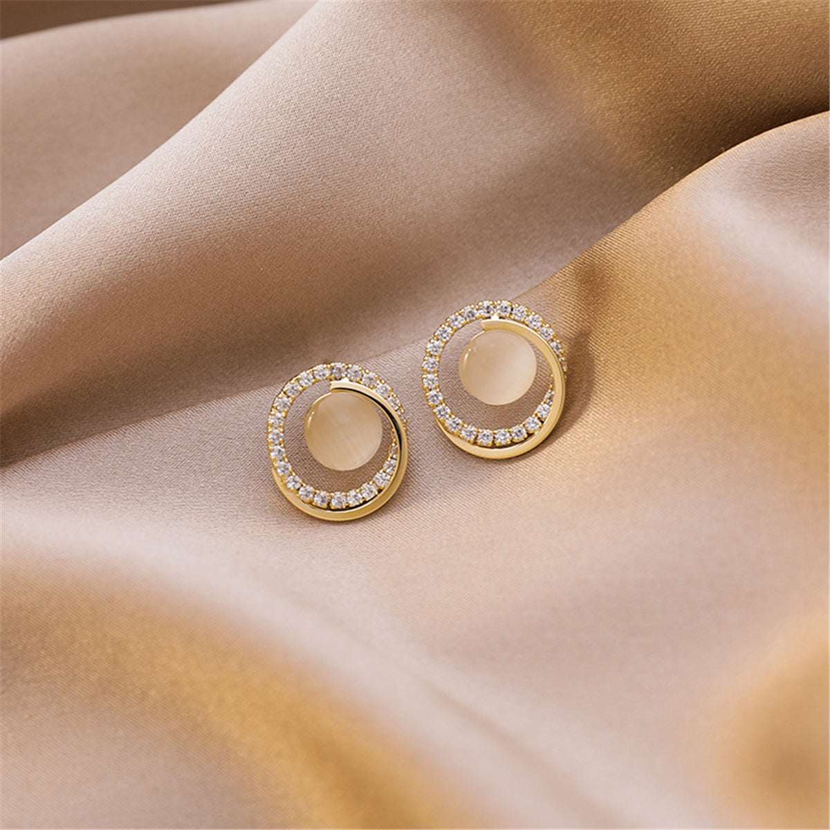 Cats Eye & Clear Cubic Zirconia Goldtone Round Stud Earrings