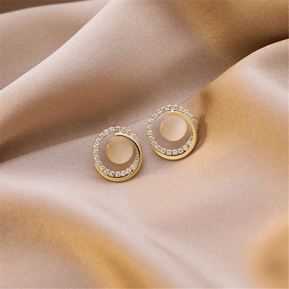 Cats Eye & Clear Cubic Zirconia Goldtone Round Stud Earrings