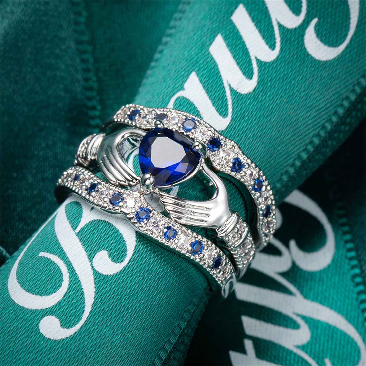 Navy Crystal & Cubic Zirconia Claddagh Fitted Ring Set-1