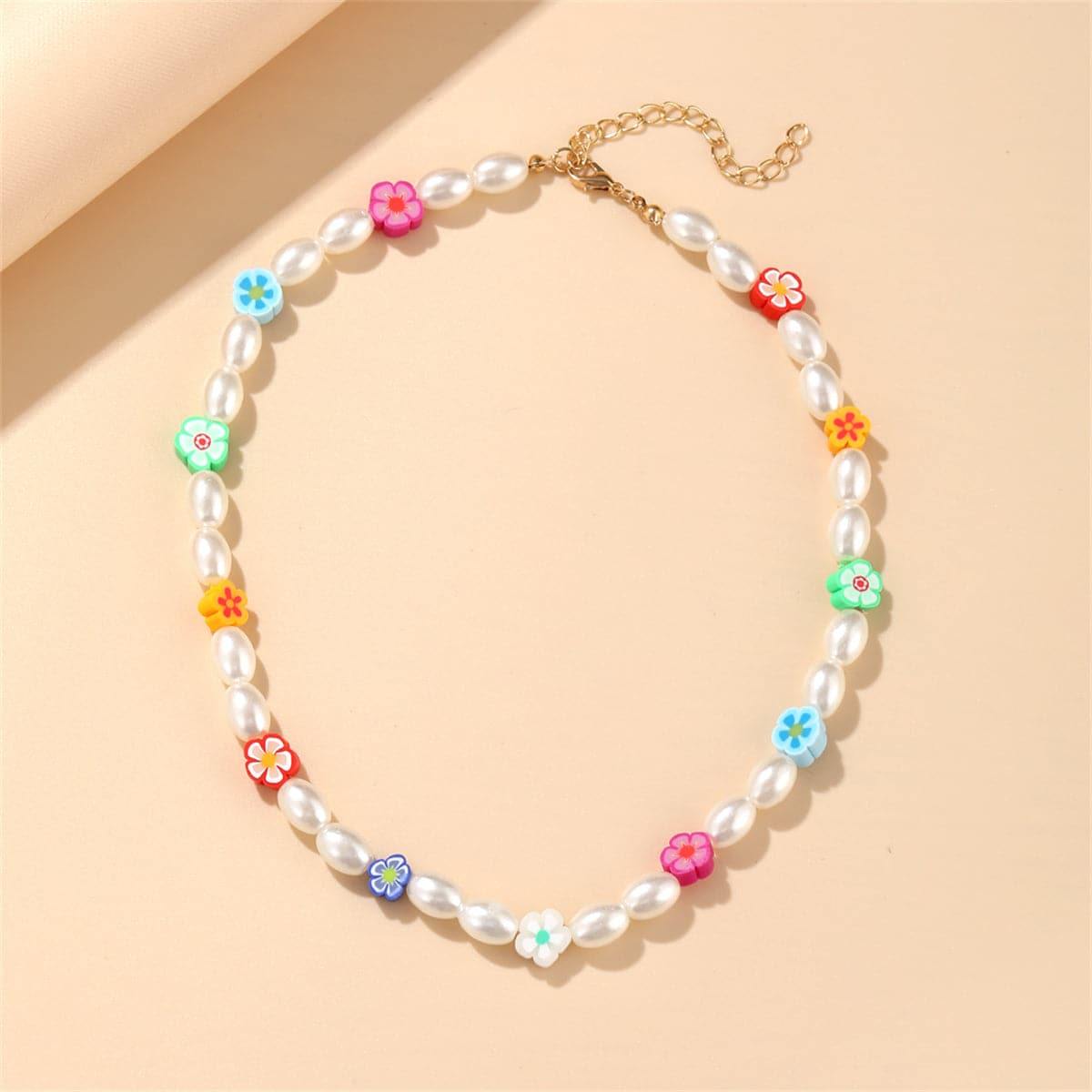 Blue & Pink Polymer Clay Floral Beaded Station Necklace