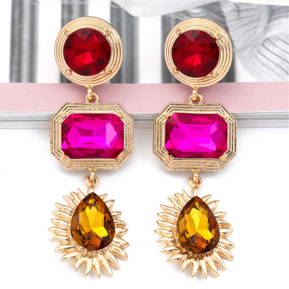 Pink Crystal & Goldtone Geometric Drop Earrings