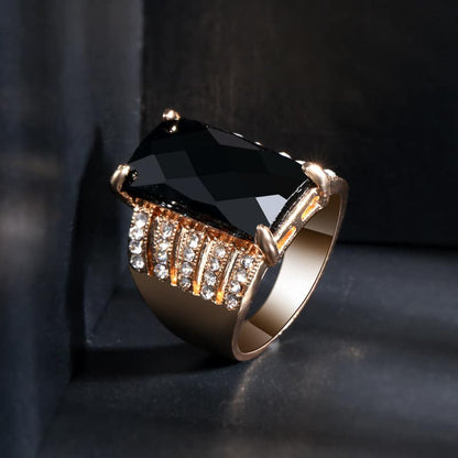 Black Crystal & Cubic Zirconia Goldtone Rectangle Prong Ring-3