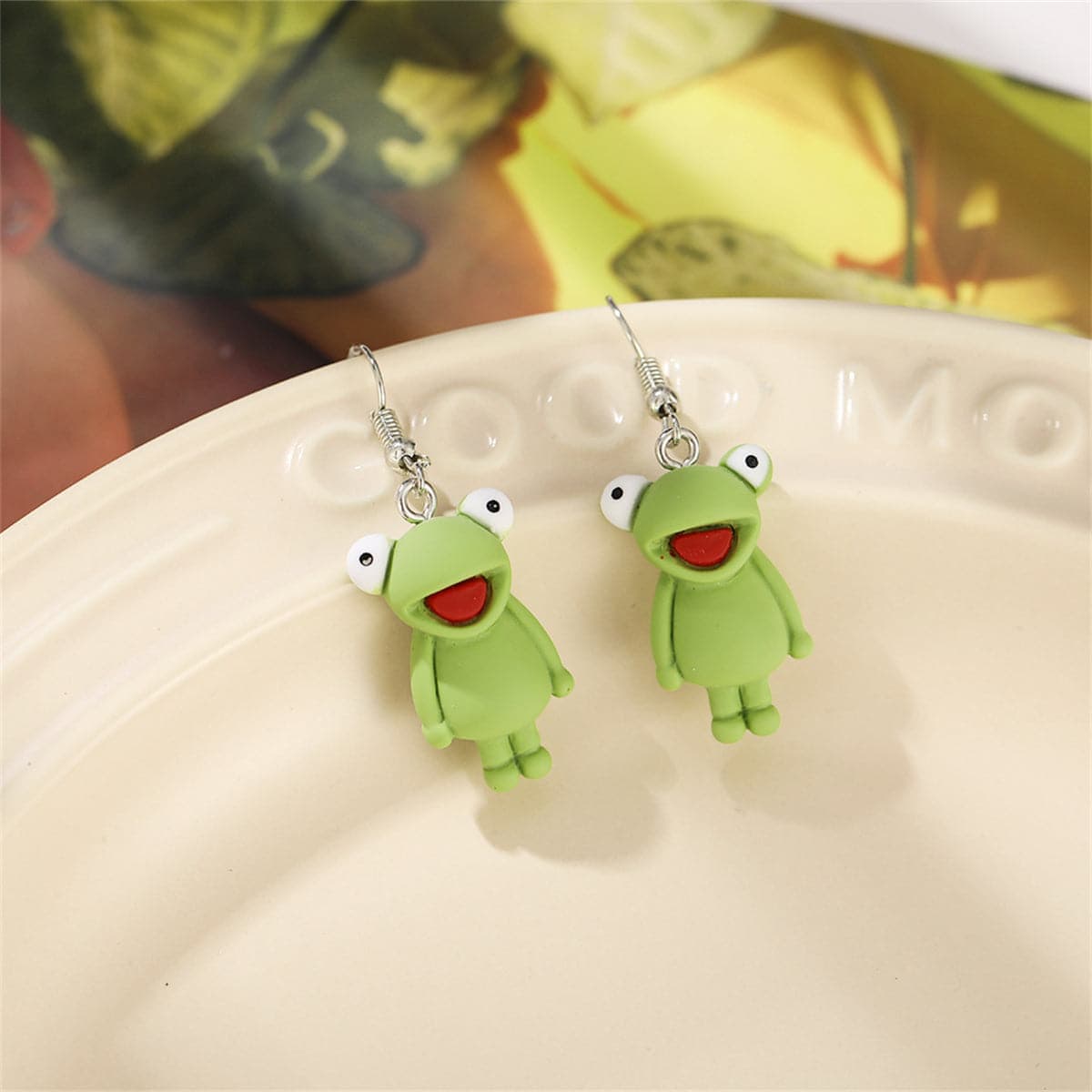 Green Polymer Clay & Silvertone Frog Drop Earrings
