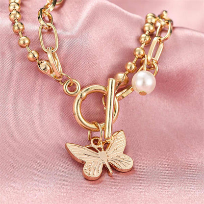 Pearl & Goldtone Dual-Chain Butterfly Charm Bracelet