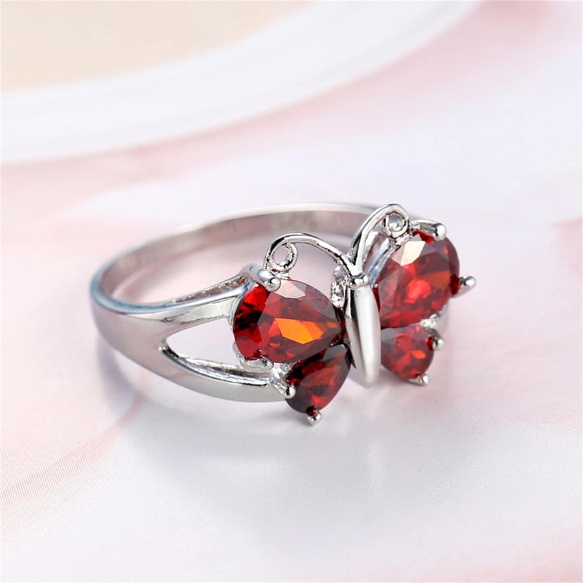 Red Crystal & Silvertone Butterfly Ring-1
