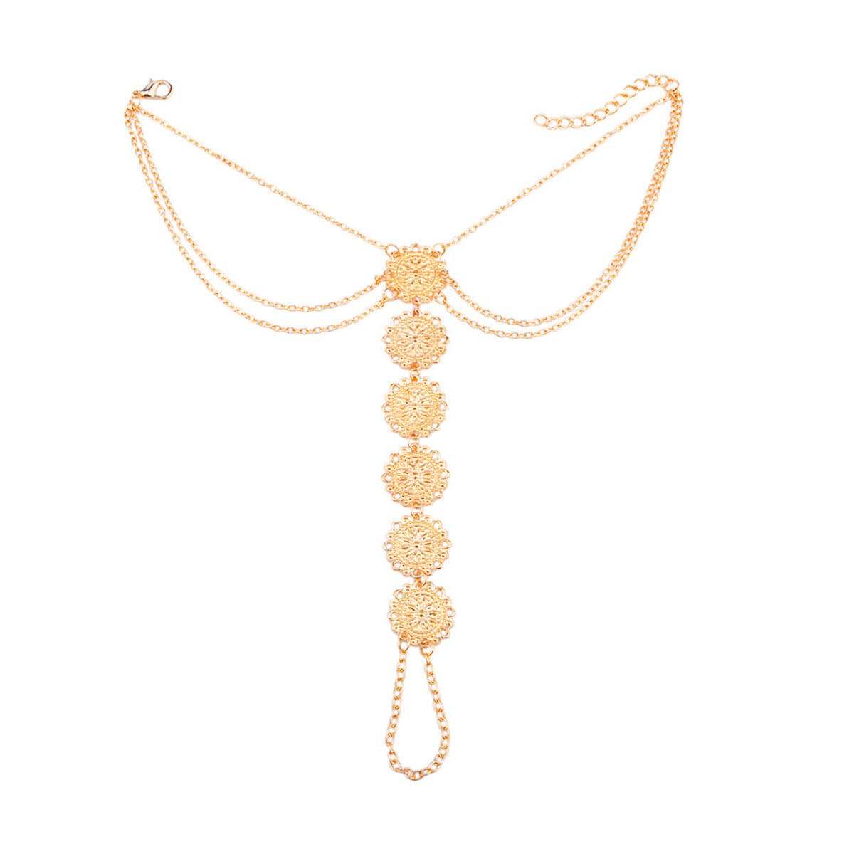 Goldtone Floral Round Plate Ankle-To-Ring Anklet