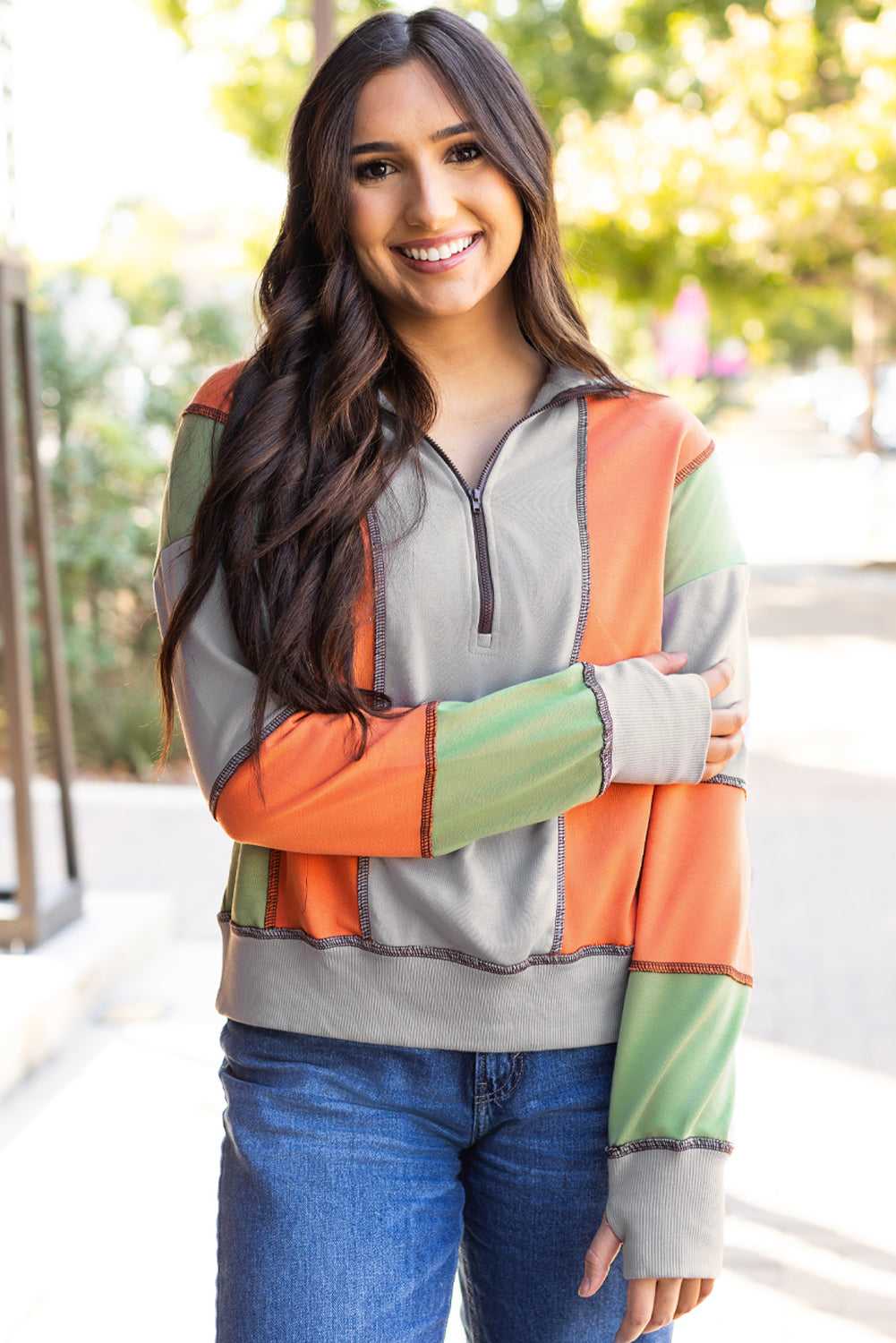Threaded Pear Lilah Block Stitching Half Zipper Sweatshirt