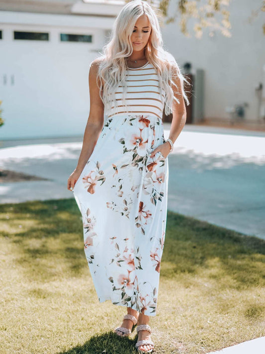 Threaded Pear Zora Striped Floral Sleeveless Maxi Dress with Pocket