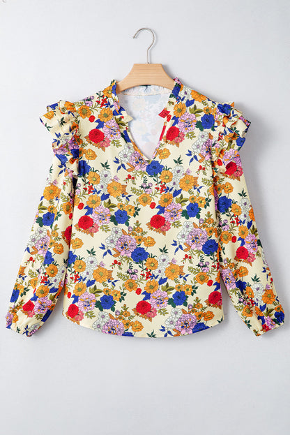 Threaded Pear Apricot Ruffled Shoulder Long Sleeve Floral Blouse