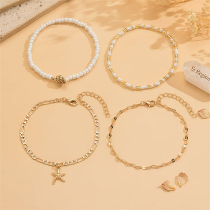 White Howlite & Shell Acrylic Goldtone Starfish Charm Anklet Set