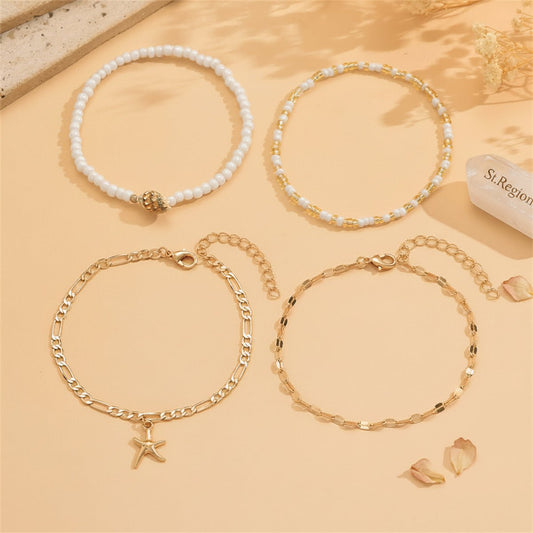 White Howlite & Shell Acrylic Goldtone Starfish Charm Anklet Set