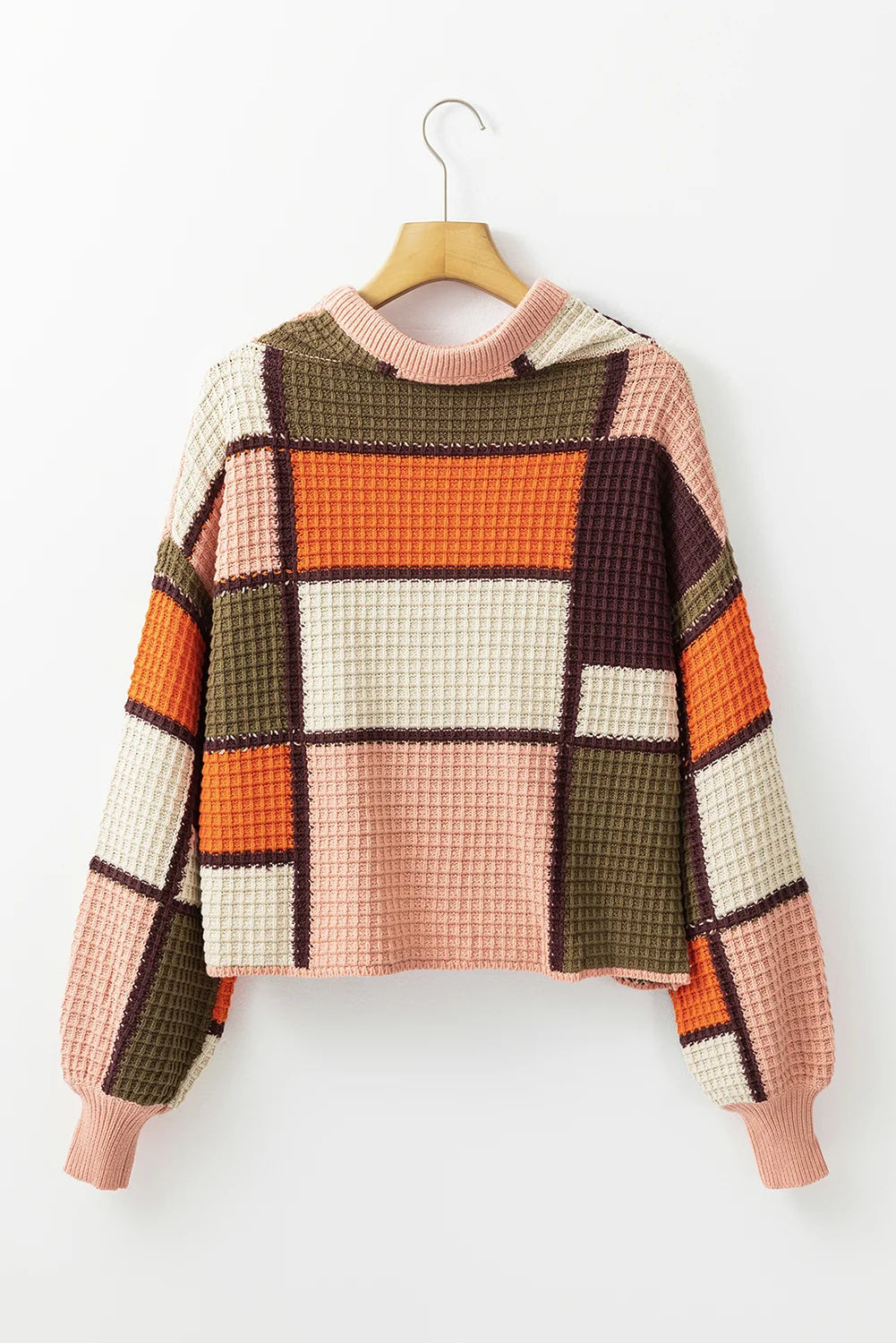 Threaded Pear Zoey Waffle Knit Drawstring Mock Neck Sweater