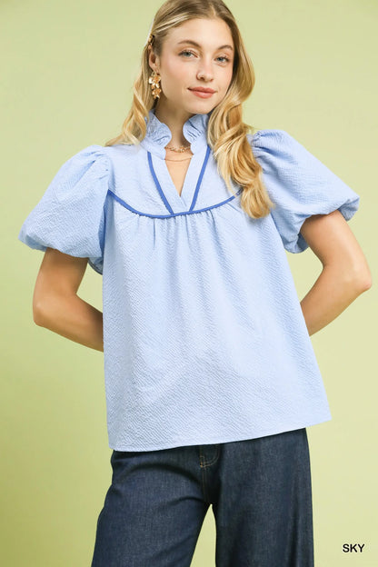 Umgee Textured Puff Sleeve Blouse in Sky