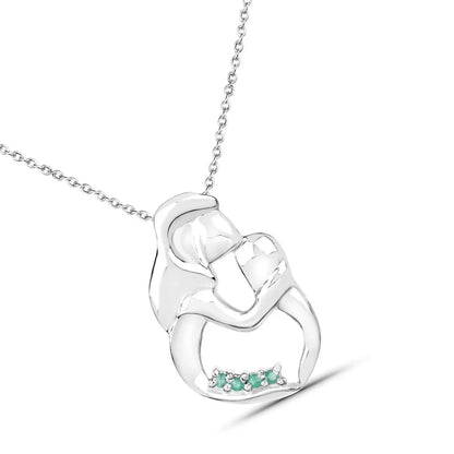 Round Green Emerald Prong Silver Mom Pendant Necklace