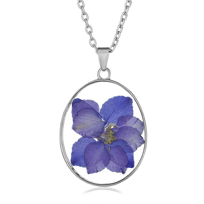 Purple Pressed Violet & Silvertone Oval Pendant Necklace