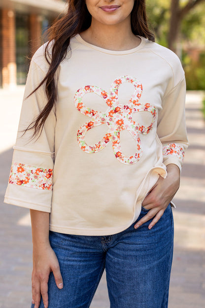 Flower Exposed Seam Wide Sleeve Top - Threaded Pear