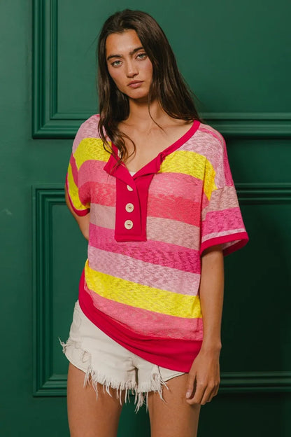 BiBi Multi Color Stripe Hacci Button Detail Ringer Top
