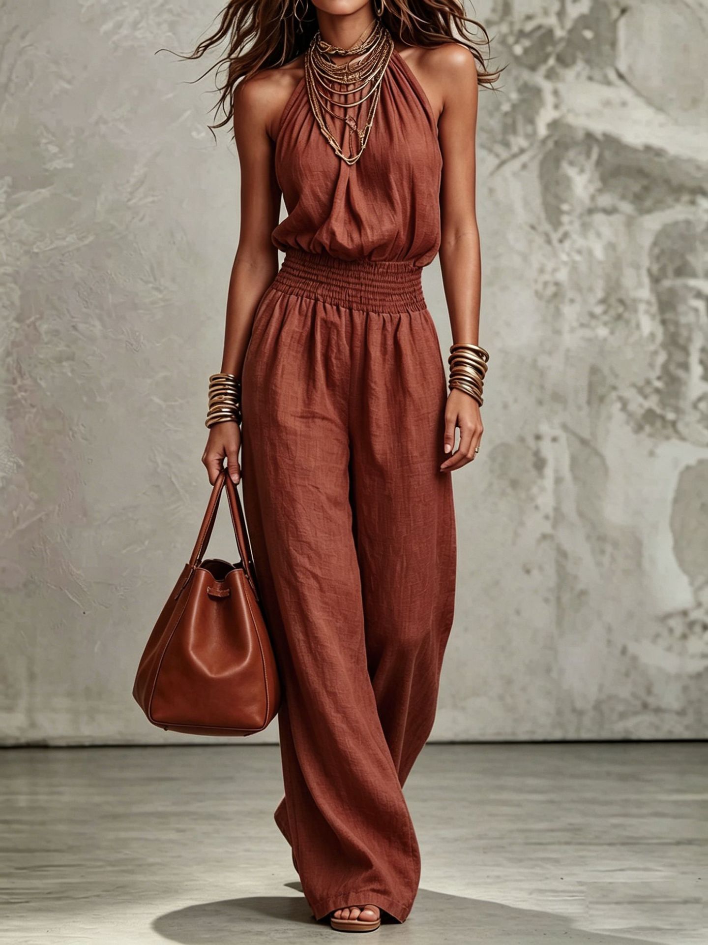 Women's Sleeveless Backless Lace-Up Halter Wide-Leg Jumpsuit