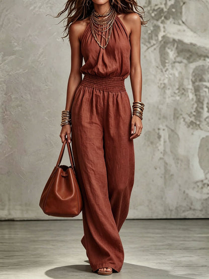 Women's Sleeveless Backless Lace-Up Halter Wide-Leg Jumpsuit