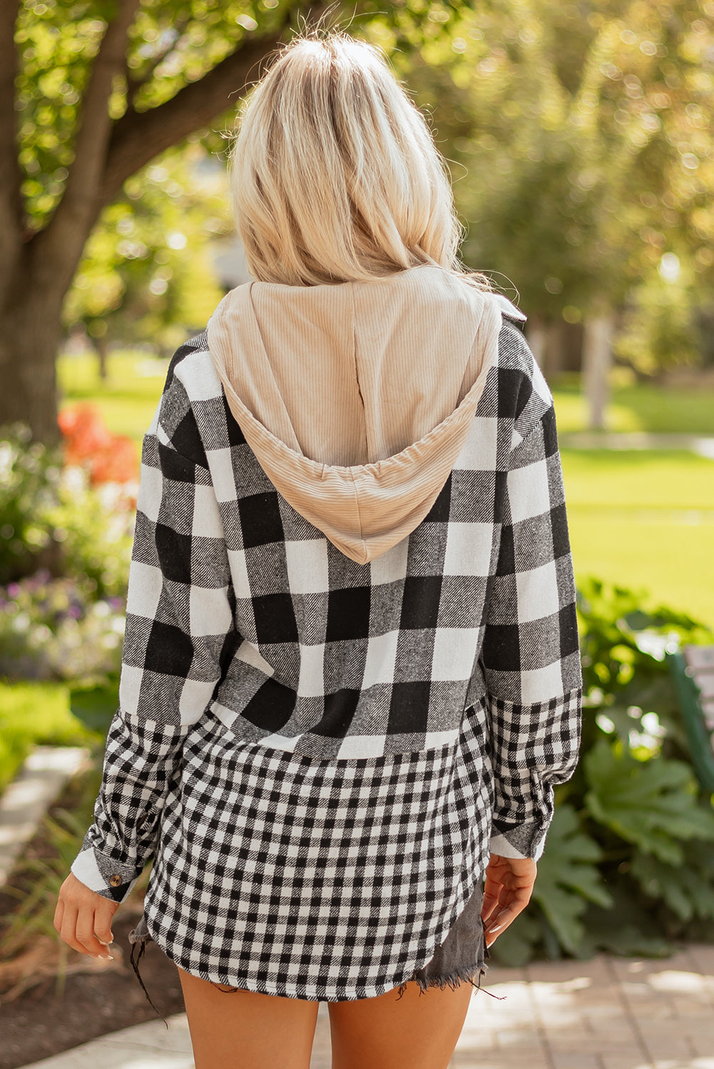 Threaded Pear Cecelia Patchwork Drawstring Hooded Shacket