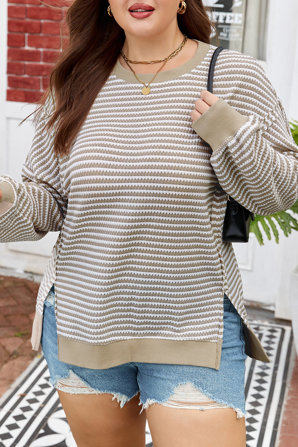 Threaded Pear Vanessa Knit Ribbed Trim Long Sleeve PLUS Top