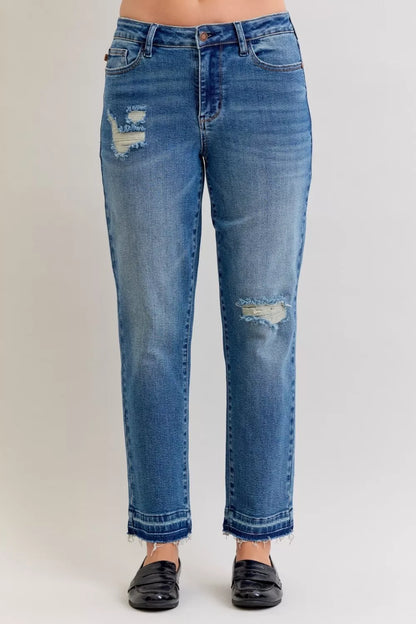 Judy Blue Full Size Mid Rise Bf Patch & Repair Destroy Release Hem Jeans Plus Size