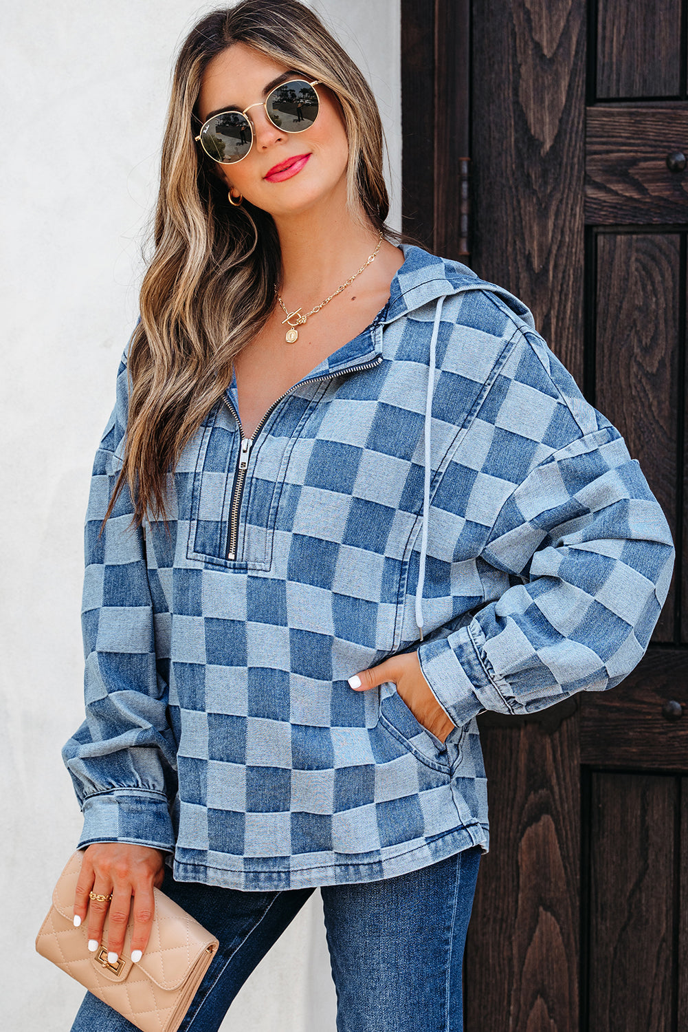 Threaded Pear Taracella Checkerboard Zipped Kangaroo Hoodie