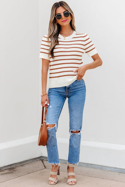 Threaded Pear Eloise Stripe Scalloped Round Neck Short Sleeve Sweater