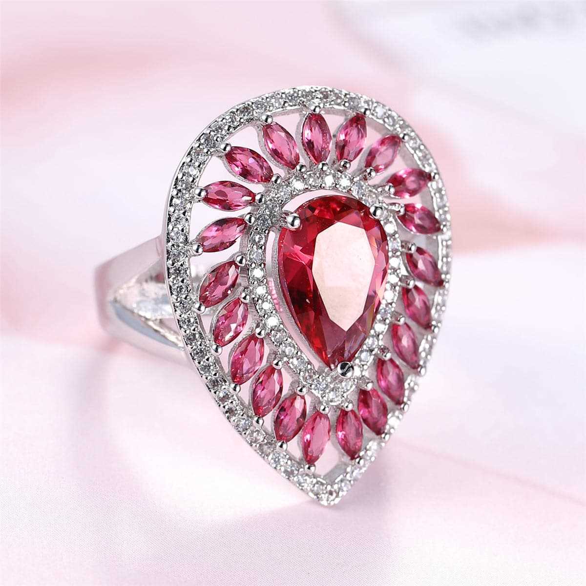 Rose Crystal & Cubic Zirconia Teardrop Ring