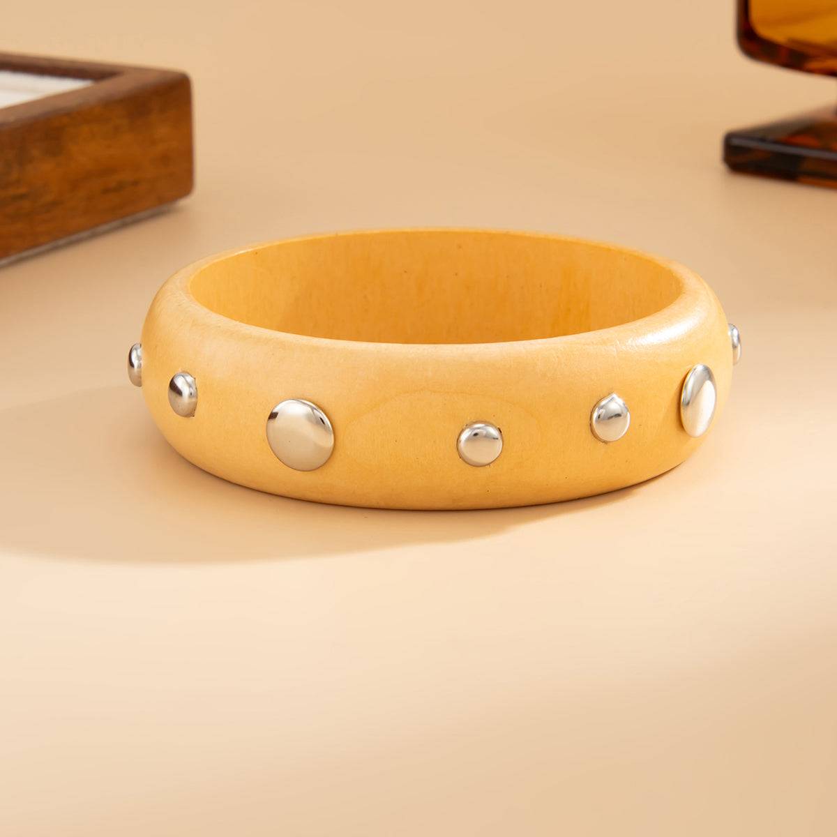 Yellow Wood & Silvertone Spot Station Bangle