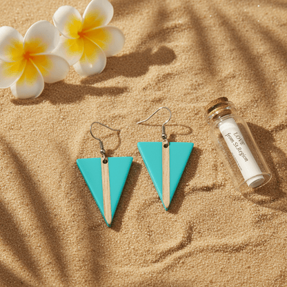 Light Blue Resin & Wood Silvertone Triangle Hook Earrings