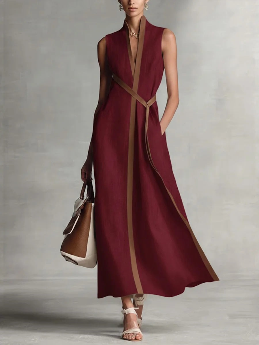 Women's Color Block Sleeveless Stand Collar Linen Blend Dress Burgundy 2XL Women's Color Block Sleeveless Stand Collar Linen Blend Dress Burgundy 2XL