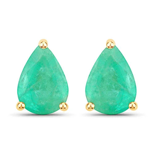 1.30 Ct Pear Green Zambian Emerald Prong 10k Gold Teardrop Stud Earrings