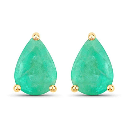 1.30 Ct Pear Green Zambian Emerald Prong 10k Gold Teardrop Stud Earrings