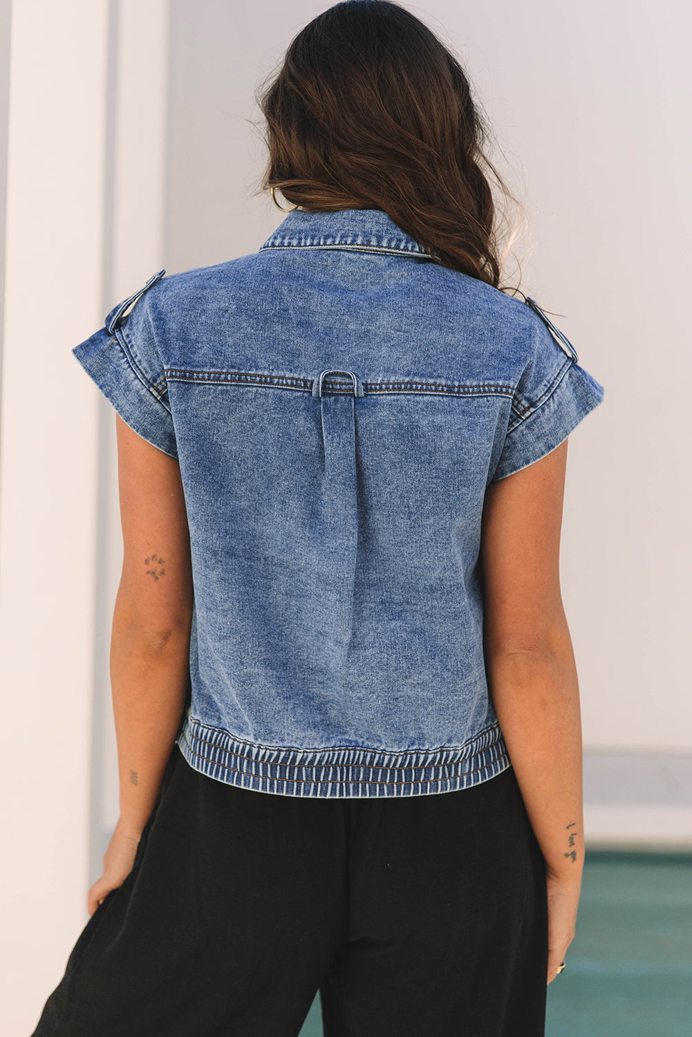 Threaded Pear Nora Blue Acid Wash Elastic Hem Button Up Denim Vest