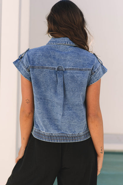 Threaded Pear Nora Blue Acid Wash Elastic Hem Button Up Denim Vest