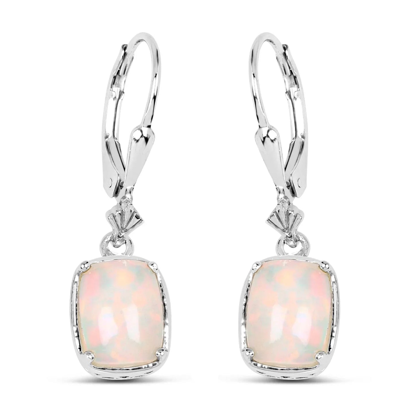Cushion Pink Ethiopian Opal Prong Silver Leverback Dangle Earrings
