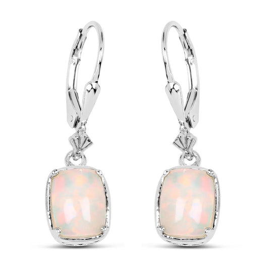 Cushion Pink Ethiopian Opal Prong Silver Leverback Dangle Earrings