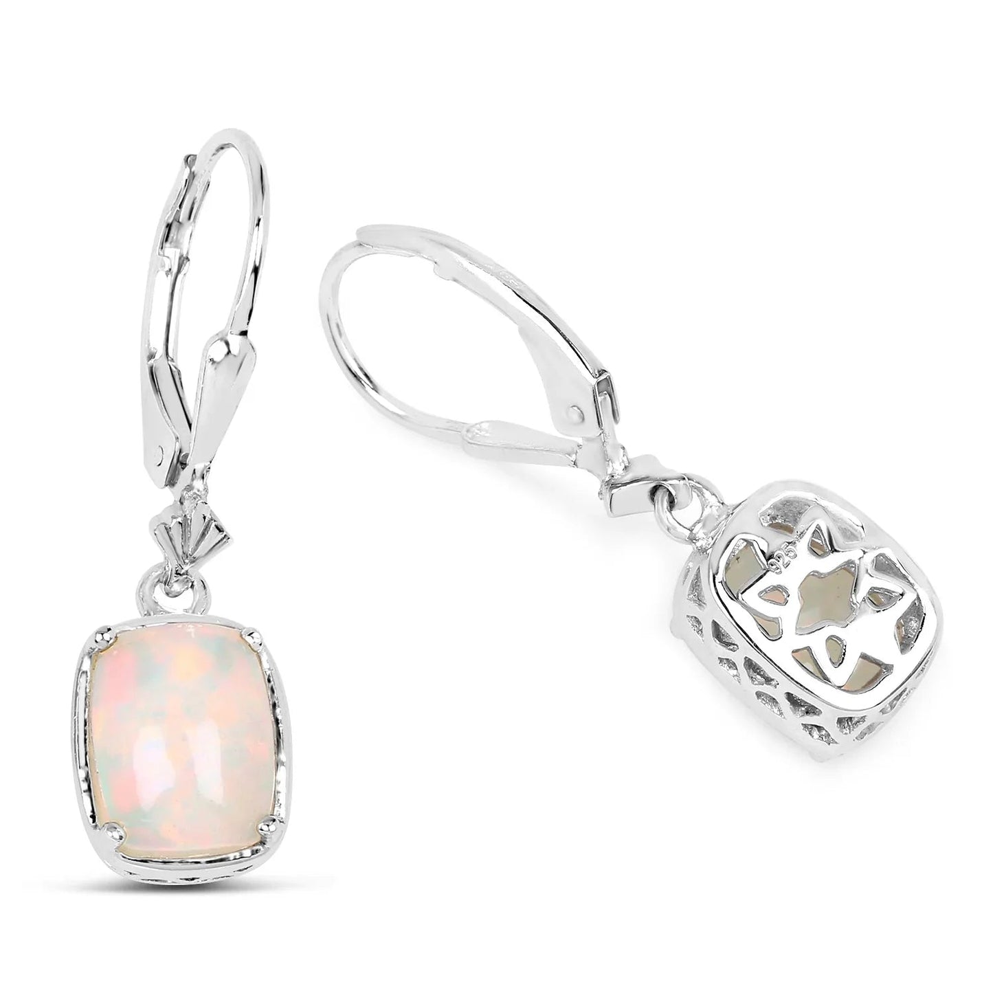 Cushion Pink Ethiopian Opal Prong Silver Leverback Dangle Earrings