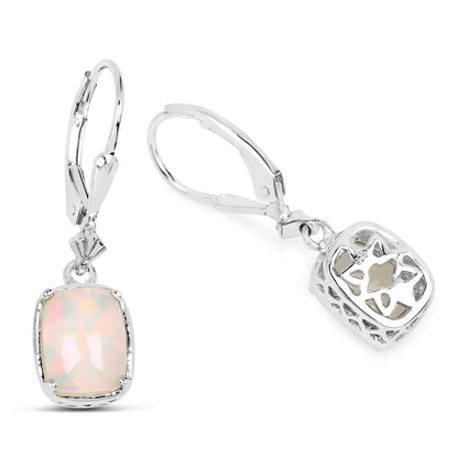 Cushion Pink Ethiopian Opal Prong Silver Leverback Dangle Earrings