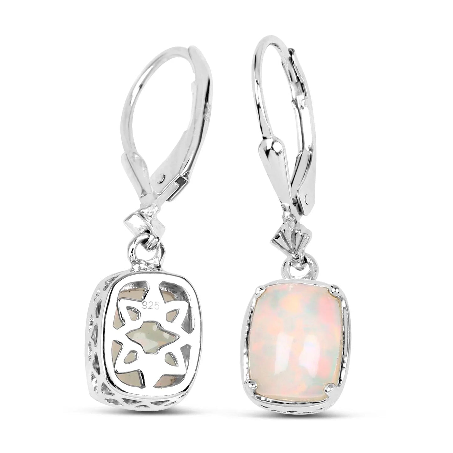 Cushion Pink Ethiopian Opal Prong Silver Leverback Dangle Earrings