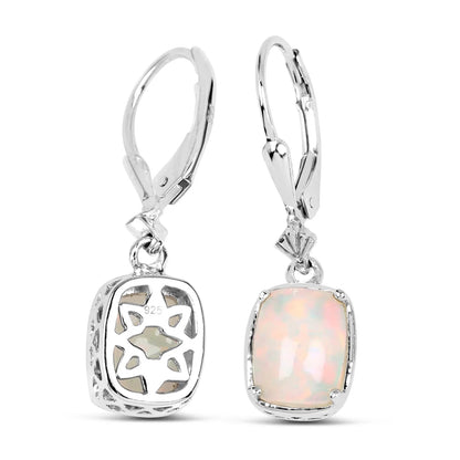 Cushion Pink Ethiopian Opal Prong Silver Leverback Dangle Earrings