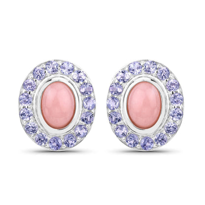 2.55 CTTW Oval Pink Opal and Tanzanite 925 Sterling Silver Earrings