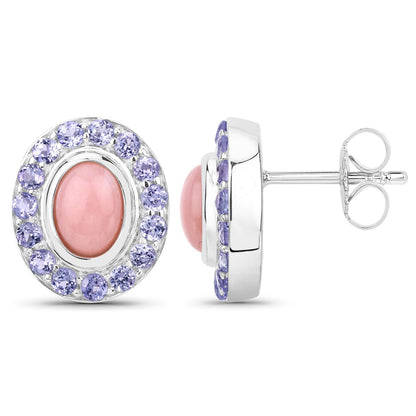 2.55 CTTW Oval Pink Opal and Tanzanite 925 Sterling Silver Earrings